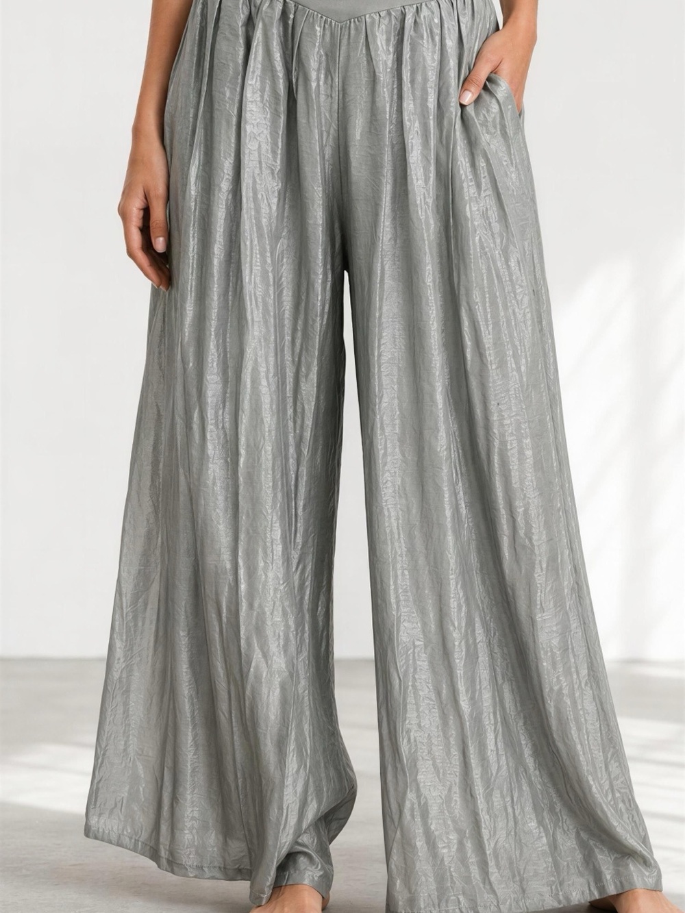 Italian Giusy Crinkle Wide-Leg Silk Palazzo Pants